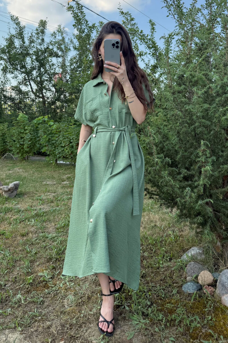 POCKETS DETAIL POLO NECK LACING WOMEN DRESS GREEN/JESHILE - 4