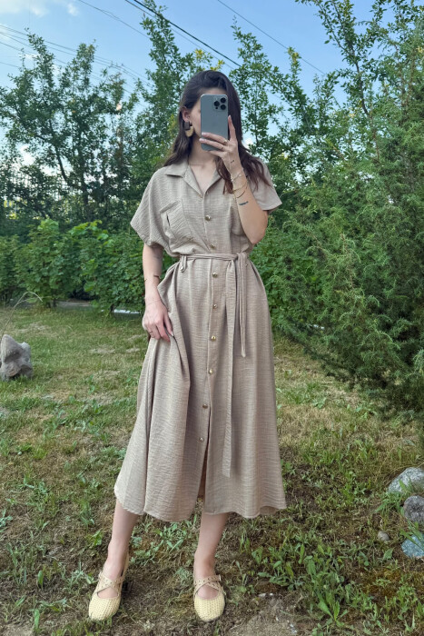 POCKETS DETAIL POLO NECK LACING WOMEN DRESS LIGHT BROWN/KAZB 