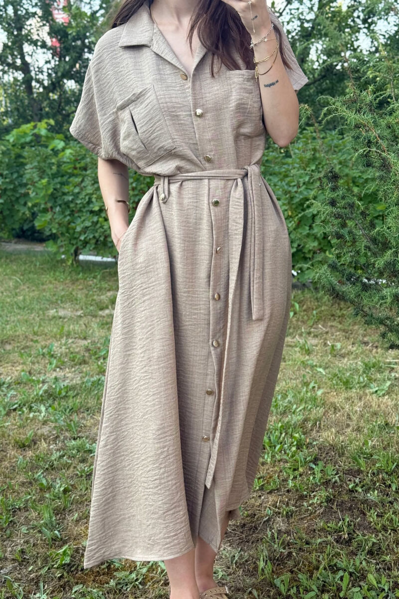 POCKETS DETAIL POLO NECK LACING WOMEN DRESS LIGHT BROWN/KAZB - 2