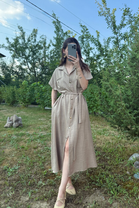 POCKETS DETAIL POLO NECK LACING WOMEN DRESS LIGHT BROWN/KAZB - 4