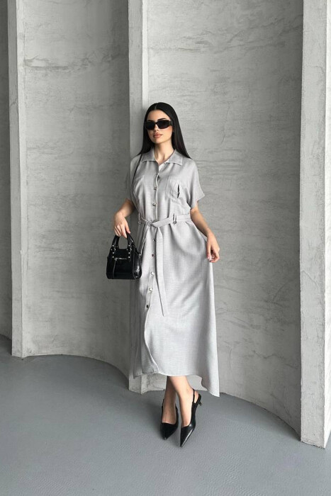 POCKETS DETAIL POLO NECK LACING WOMEN DRESS LIGHT GREY/GZ 