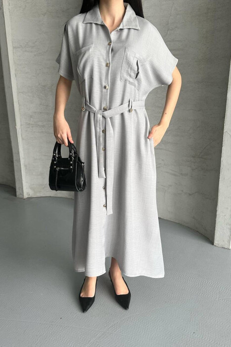 POCKETS DETAIL POLO NECK LACING WOMEN DRESS LIGHT GREY/GZ - 2