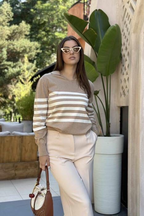 POLO NECK STRIPE DESIGN WOMEN SWEATER BEIGE/BEZHE 