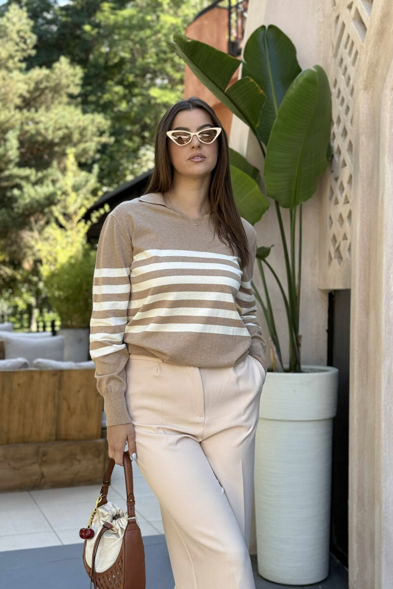 POLO NECK STRIPE DESIGN WOMEN SWEATER BEIGE/BEZHE - 1