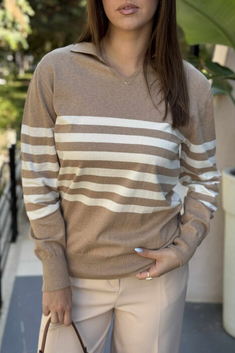 POLO NECK STRIPE DESIGN WOMEN SWEATER BEIGE/BEZHE - 4