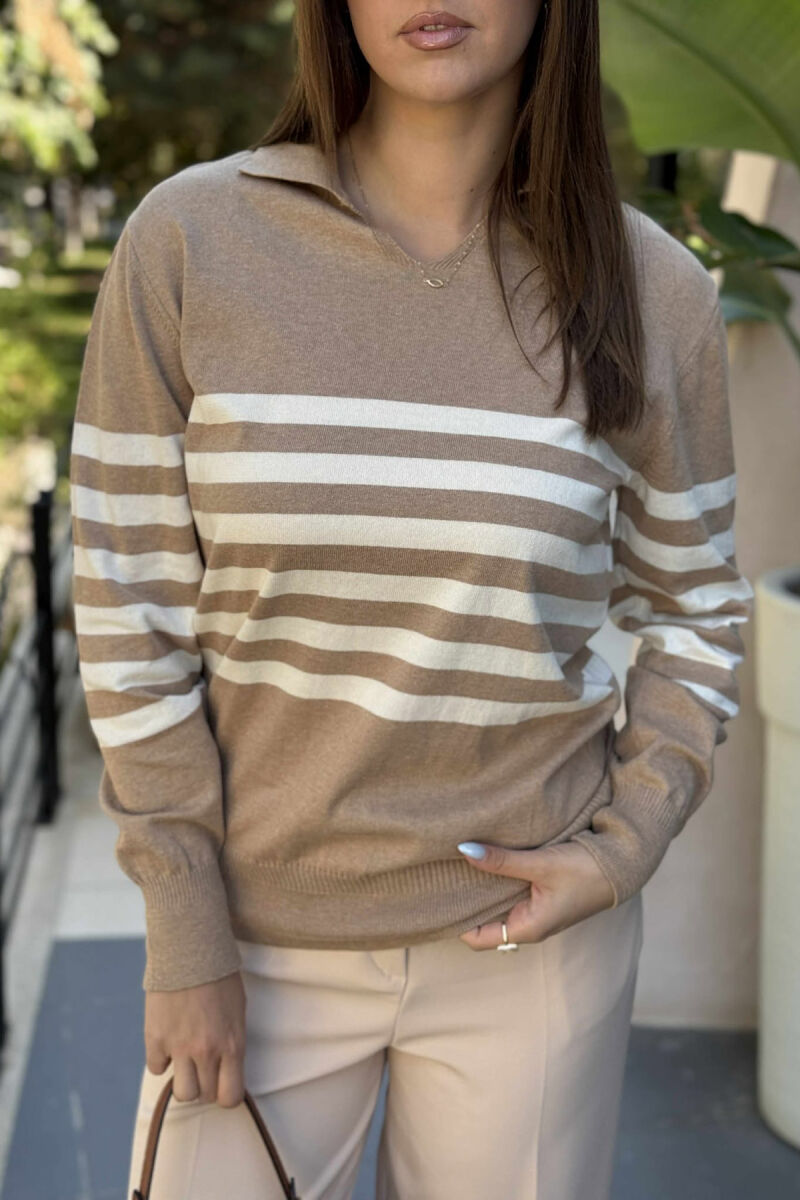 POLO NECK STRIPE DESIGN WOMEN SWEATER BEIGE/BEZHE - 4