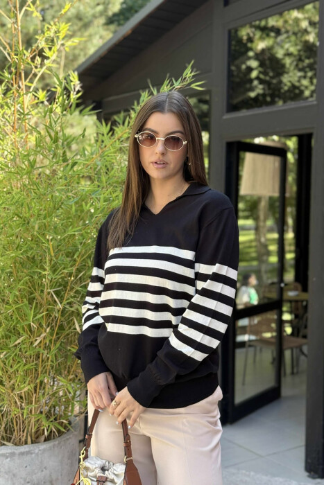 POLO NECK STRIPE DESIGN WOMEN SWEATER BLACK/ E ZEZE - 3