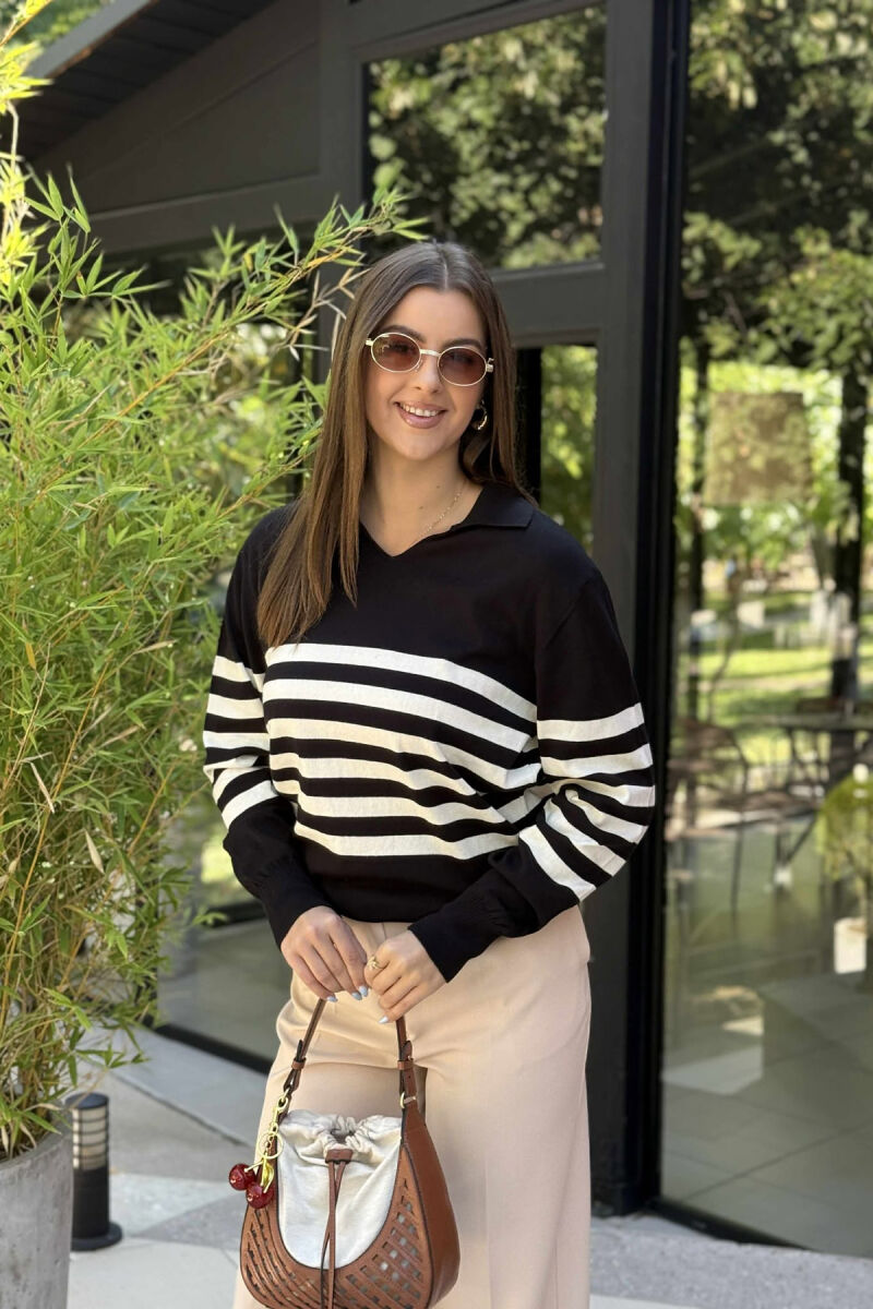 POLO NECK STRIPE DESIGN WOMEN SWEATER BLACK/ E ZEZE - 4