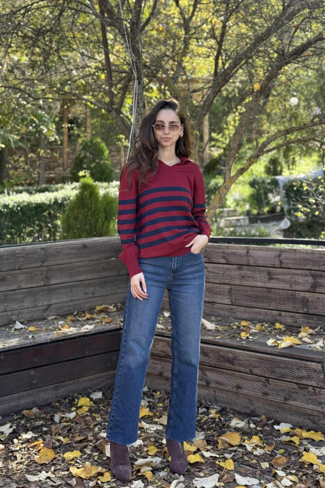 POLO NECK STRIPE DESIGN WOMEN SWEATER BURGUNDY-BLUE/VISHNJE-BLU 