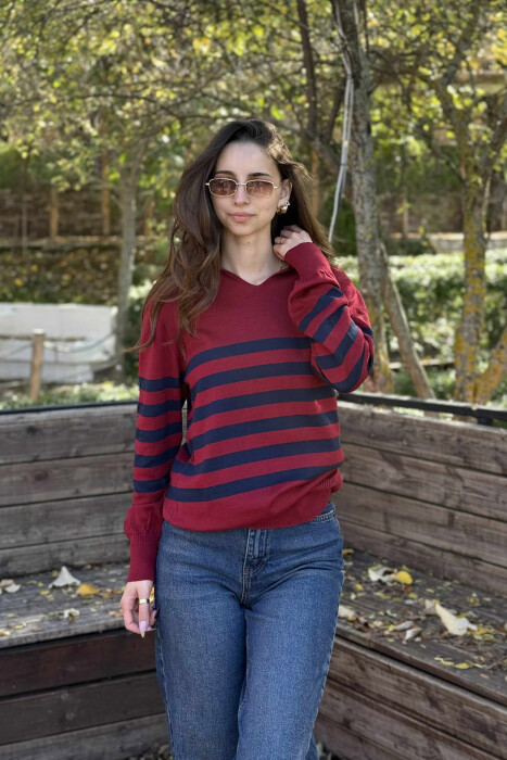 POLO NECK STRIPE DESIGN WOMEN SWEATER BURGUNDY-BLUE/VISHNJE-BLU - 2