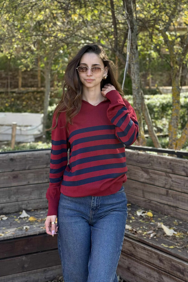 POLO NECK STRIPE DESIGN WOMEN SWEATER BURGUNDY-BLUE/VISHNJE-BLU - 2