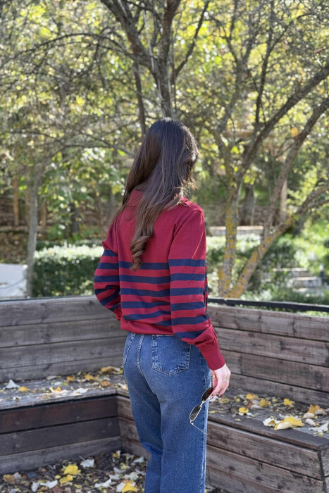 POLO NECK STRIPE DESIGN WOMEN SWEATER BURGUNDY-BLUE/VISHNJE-BLU - 3