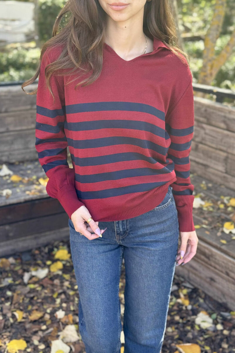 POLO NECK STRIPE DESIGN WOMEN SWEATER BURGUNDY-BLUE/VISHNJE-BLU - 4