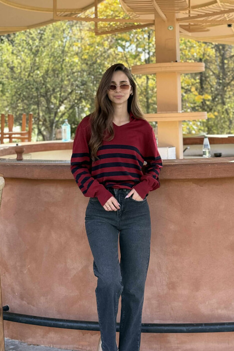 POLO NECK STRIPE DESIGN WOMEN SWEATER BURGUNDY/VISHNJE 