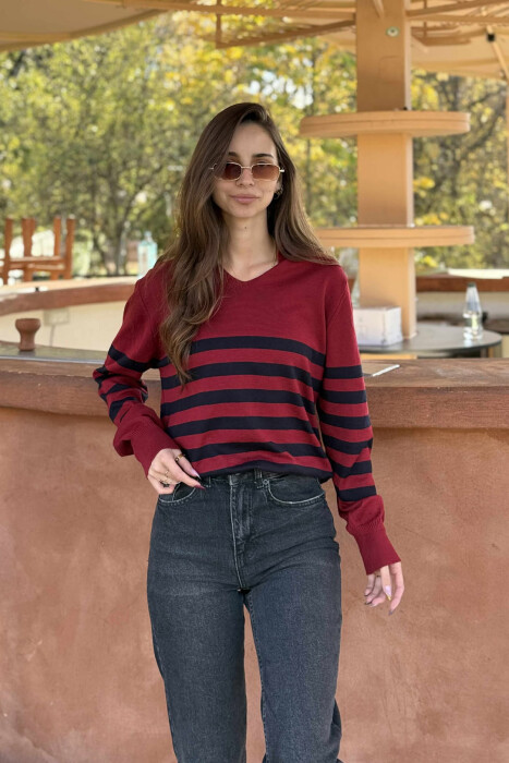 POLO NECK STRIPE DESIGN WOMEN SWEATER BURGUNDY/VISHNJE - 2
