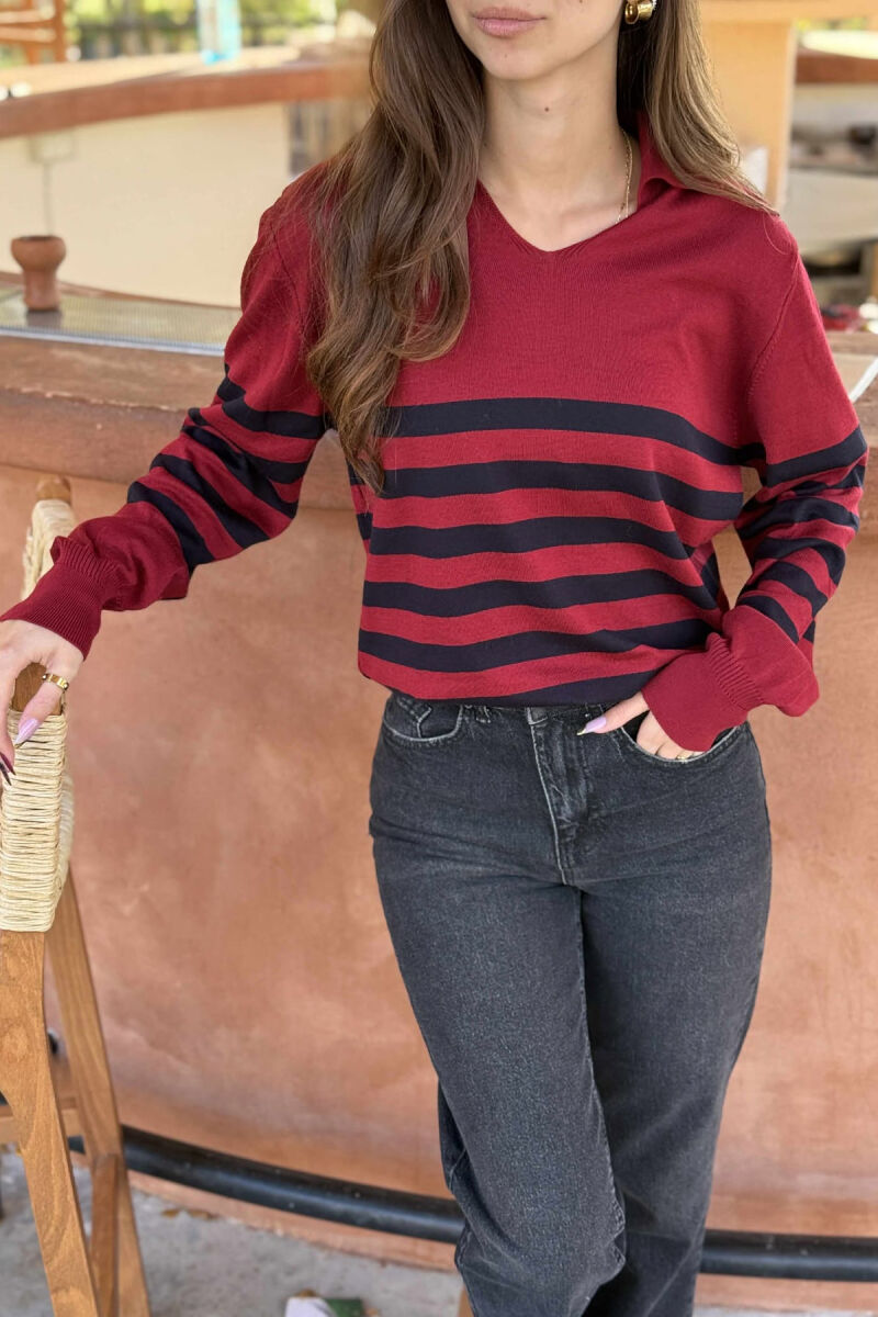 POLO NECK STRIPE DESIGN WOMEN SWEATER BURGUNDY/VISHNJE - 4