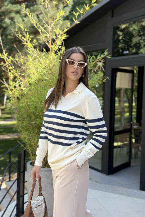 POLO NECK STRIPE DESIGN WOMEN SWEATER CREAM/KREM - 2