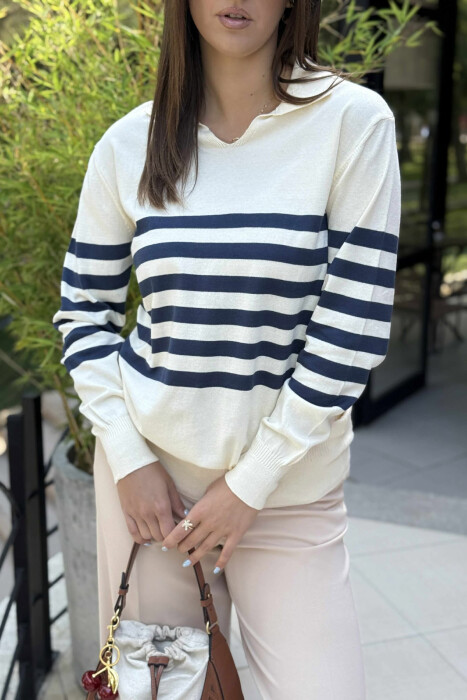 POLO NECK STRIPE DESIGN WOMEN SWEATER CREAM/KREM - 3
