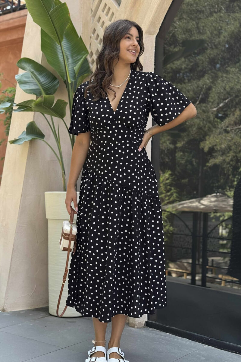 POLKA DETAIL LONG WOMEN DRESS BLACK/ E ZEZE - 1