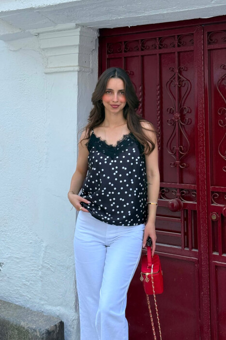 POLKA DOTS LACE DETAILS WOMAN TANK TOP BLACK/ E ZEZE - KLAUDIO FASHION