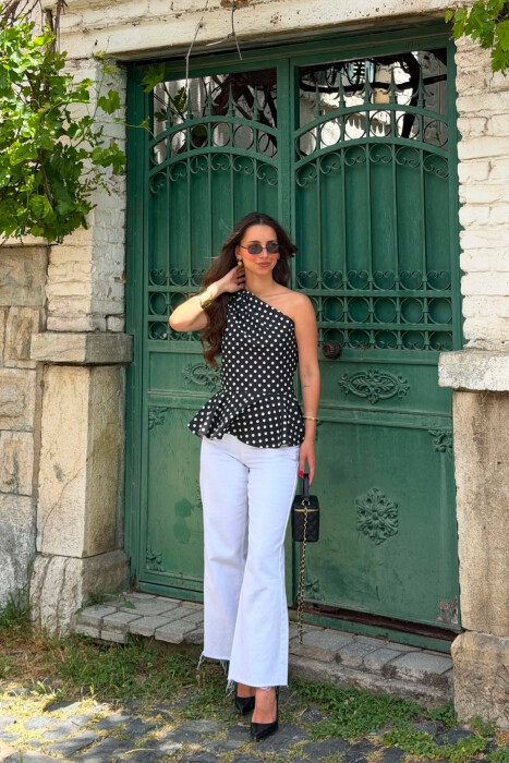 POLKA DOTS ONE SHOULDER OFF WOMAN TANK TOP BLACK/ E ZEZE - 5