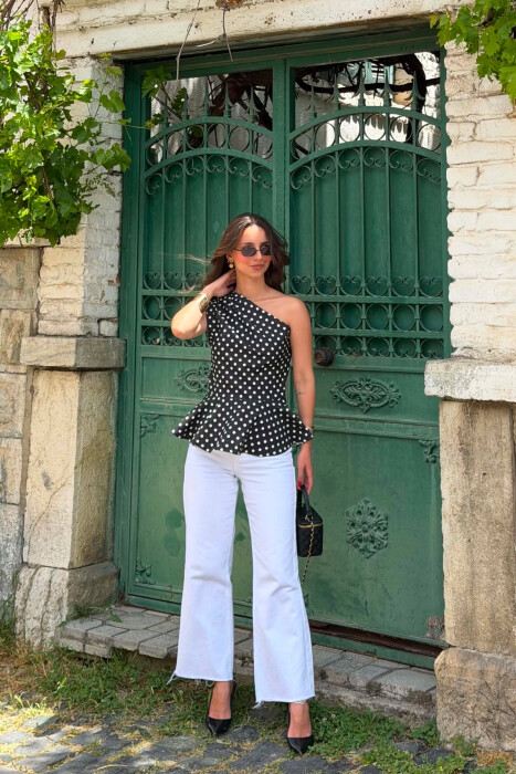 POLKA DOTS ONE SHOULDER OFF WOMAN TANK TOP BLACK/ E ZEZE - 6