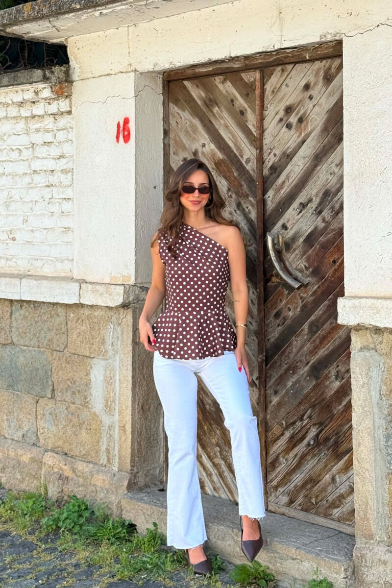 POLKA DOTS ONE SHOULDER OFF WOMAN TANK TOP BROWN/KAFE - 2
