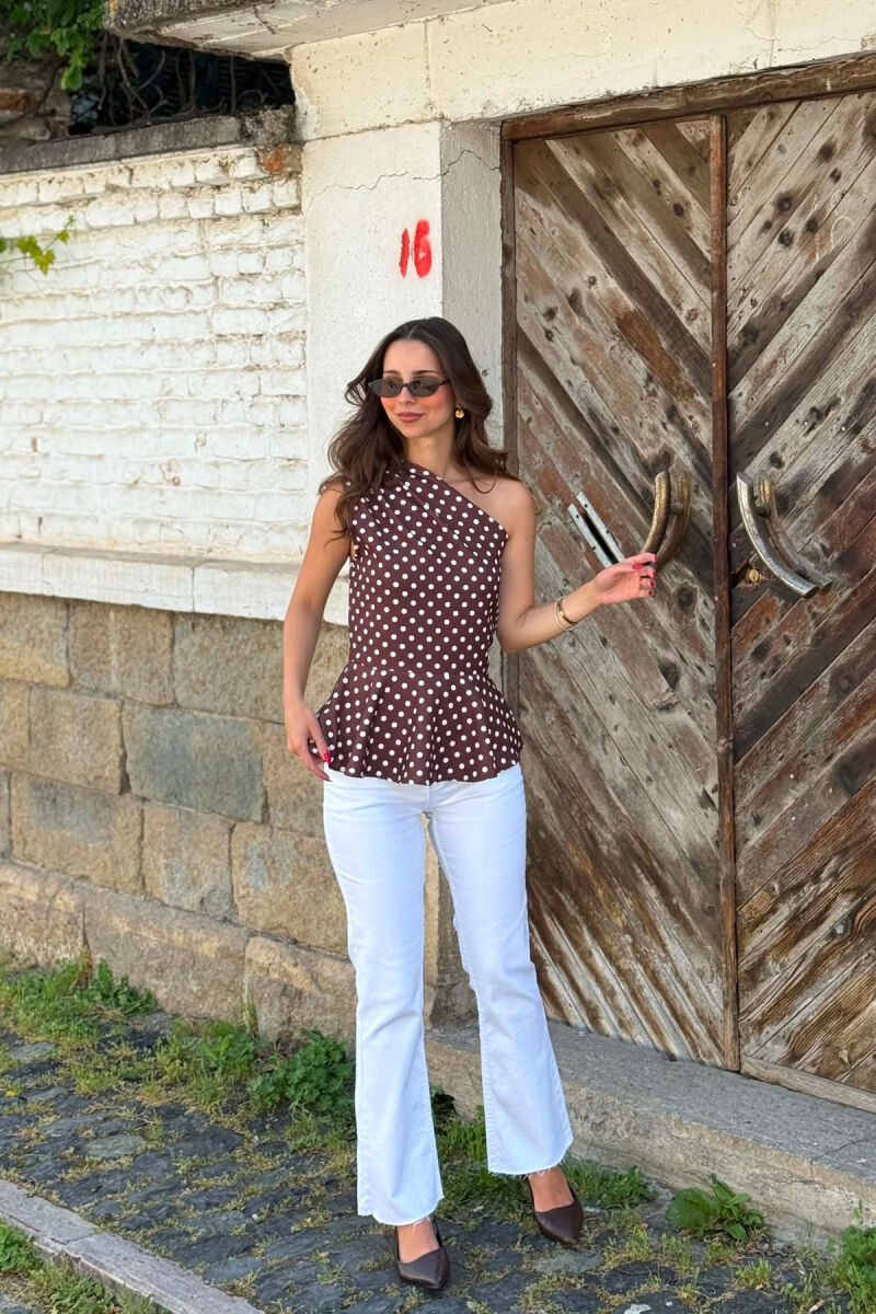 POLKA DOTS ONE SHOULDER OFF WOMAN TANK TOP BROWN/KAFE - 4
