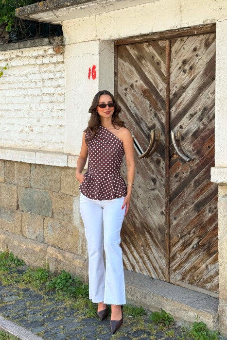 POLKA DOTS ONE SHOULDER OFF WOMAN TANK TOP BROWN/KAFE - 5