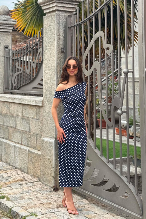 FUSTAN ME DIZAJN POLKA DOTS PER FEMRA NE NGJYRE BLU - KLAUDIO FASHION