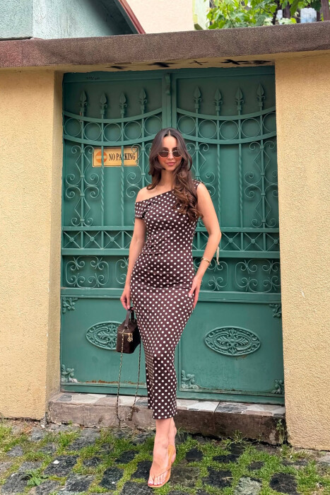 FUSTAN ME DIZAJN POLKA DOTS PER FEMRA NE NGJYRE KAFE - KLAUDIO FASHION