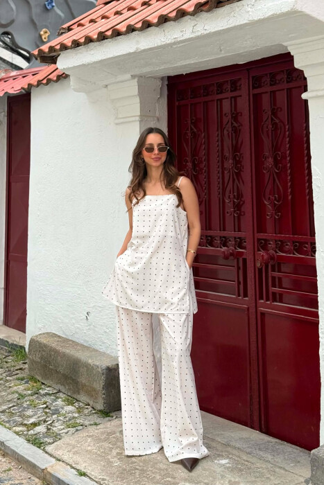 POLKA DOTS TANK TOP + TROUSERS WOMAN SET CREAM/KREM - KLAUDIO FASHION