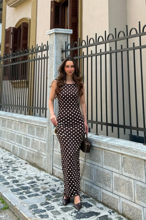 POLKA DOTS THIN STRAPS WOMAN DRESS BROWN/KAFE - KLAUDIO FASHION