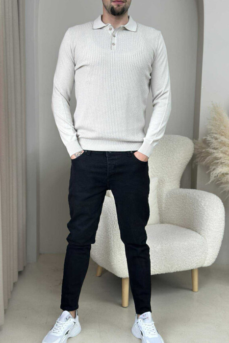 POLO BUTTONED NECK ONE COLOR MEN SWEATER CREAM/KREM - 