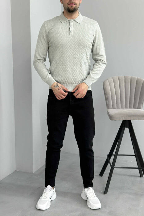 POLO BUTTONED NECK ONE COLOR MEN SWEATER LIGHT GREY/GZ - 