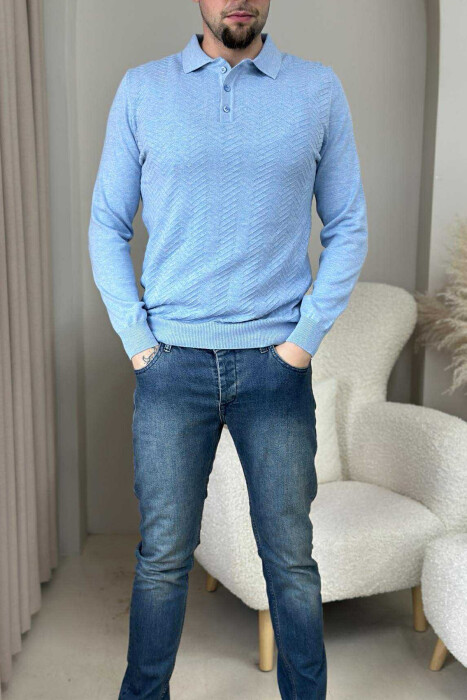 POLO BUTTONED NECK ONE COLOR MEN SWEATER LIGHTBLUE/BZ - 