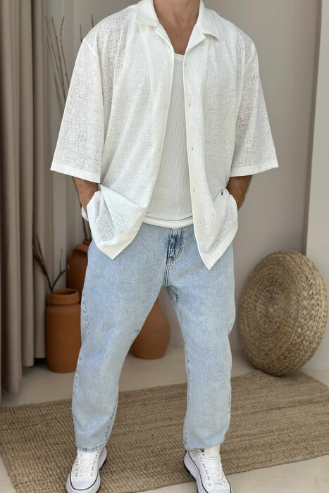 POLO NECK BUTTONED MEN SHIRT WHITE-E BARDHE - 