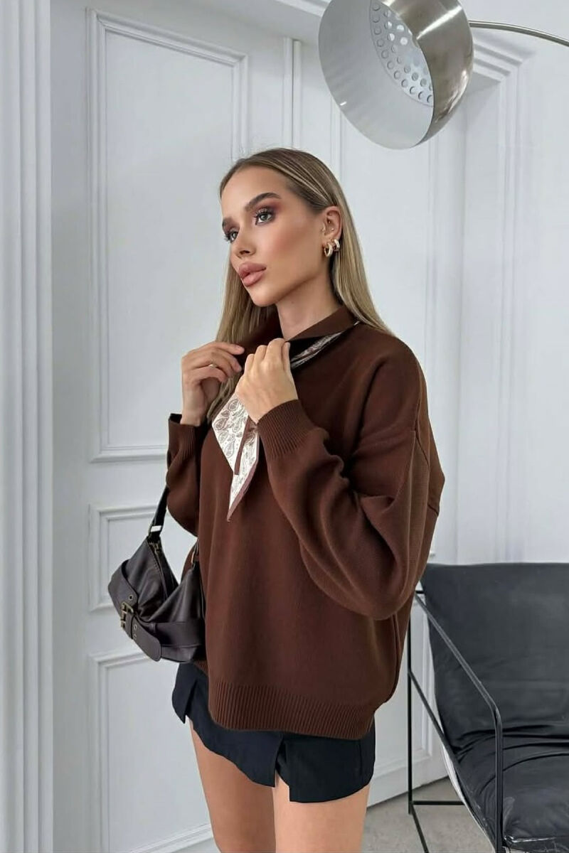 POLO NECK BUTTONED SCARF DETAIL WOMEN SWEATER BROWN/KAFE - 2