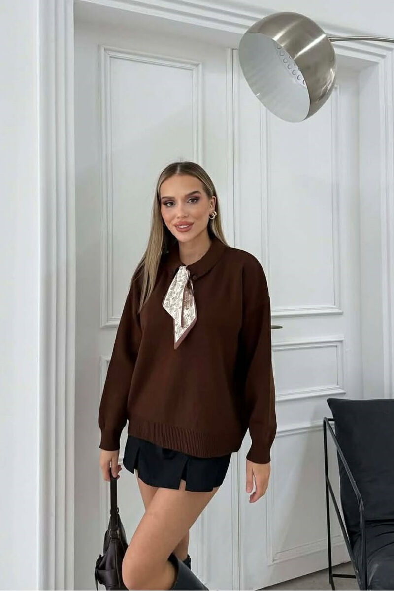 POLO NECK BUTTONED SCARF DETAIL WOMEN SWEATER BROWN/KAFE - 3