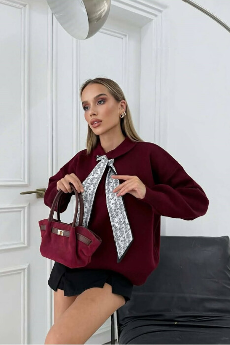 POLO NECK BUTTONED SCARF DETAIL WOMEN SWEATER BURGUNDY/VISHNJE - 3