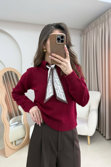 POLO NECK BUTTONED SCARF DETAIL WOMEN SWEATER DARK BURGUNDY/VISHNJE E ERRET 
