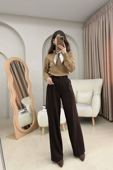 POLO NECK BUTTONED SCARF DETAIL WOMEN SWEATER LIGHT BROWN/KAZB - 3