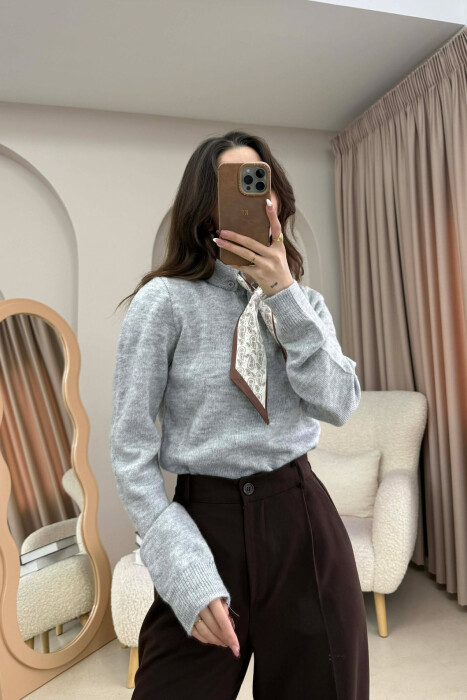 POLO NECK BUTTONED SCARF DETAIL WOMEN SWEATER LIGHT GREY/GZ 