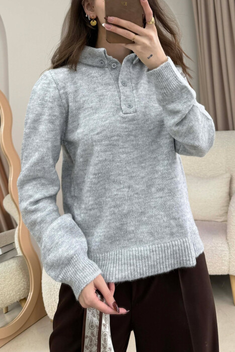 POLO NECK BUTTONED SCARF DETAIL WOMEN SWEATER LIGHT GREY/GZ - 2