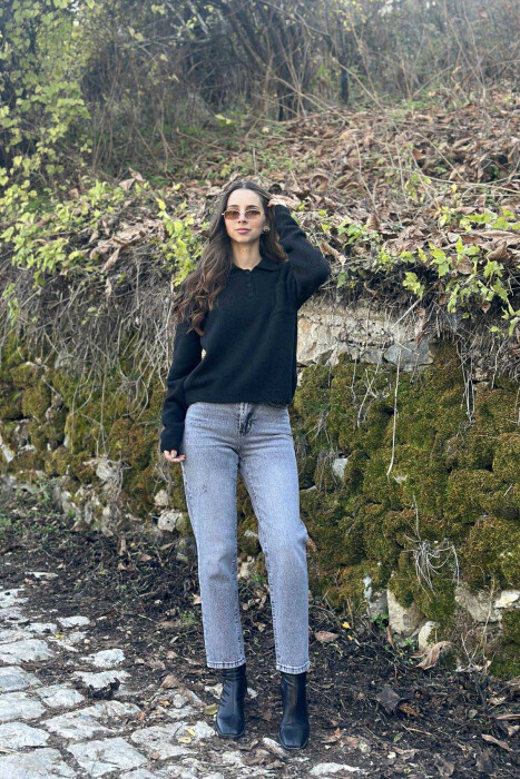 POLO NECK BUTTONS SINGLE POCKET WOMEN SWEATER BLACK/ E ZEZE - 5