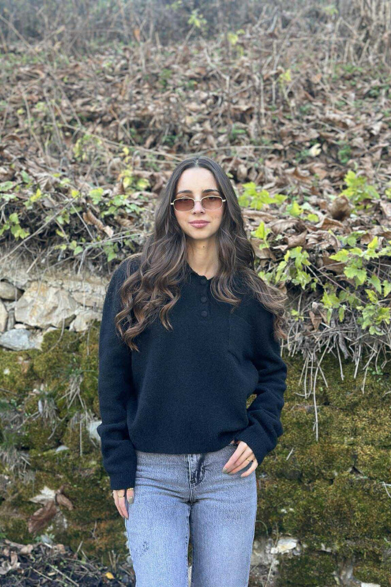 POLO NECK BUTTONS SINGLE POCKET WOMEN SWEATER BLACK/ E ZEZE - 6