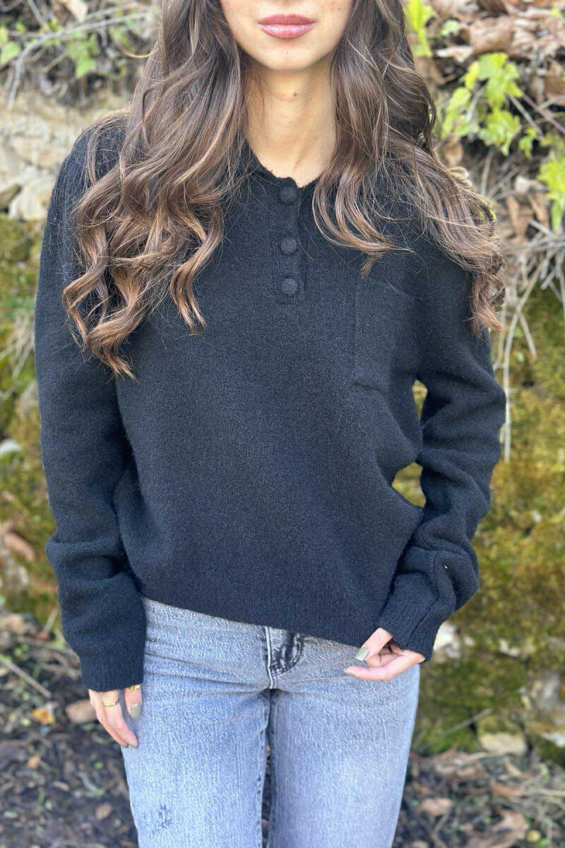 POLO NECK BUTTONS SINGLE POCKET WOMEN SWEATER BLACK/ E ZEZE - 8