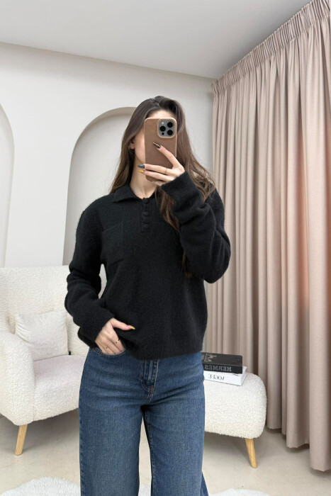 POLO NECK BUTTONS SINGLE POCKET WOMEN SWEATER BLACK/ E ZEZE - 1