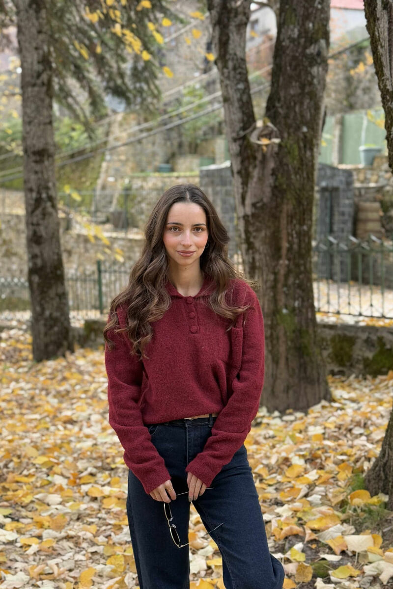 POLO NECK BUTTONS SINGLE POCKET WOMEN SWEATER BURGUNDY/VISHNJE - 1