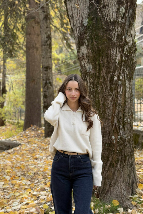 POLO NECK BUTTONS SINGLE POCKET WOMEN SWEATER CREAM/KREM - 1